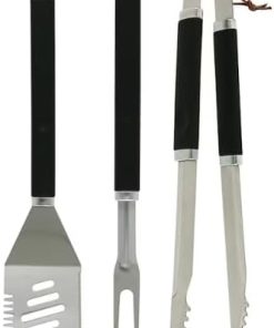 3-Piece Stainless Steel BBQ Grill Tool Set, Comfort Grip Handles, Includes Spatula with Bottle Opener, Fork, Tongs