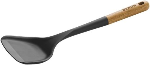 STAUB Silicone Wok Turner, Black, 12.2 Inch, Oval Shape, Wood Handle