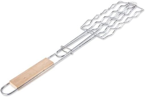 Barbecue Sausage Grilling Basket Hot Dog Metal Mesh Clip BBQ Rack with Wooden Handle Barbecue Gripper