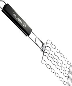 BBQ Tongs Tools Grill Rack for Outdoor Grill Accessory Set for Barbecue Non-Stick Heat Resistant Grilling Mesh Wooden Handle