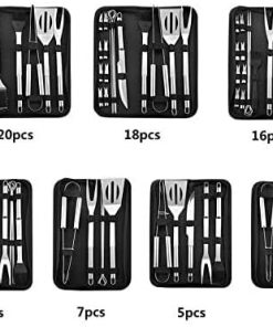 Stainless Steel BBQ Tools Set Spatula Fork Tongs Knife Brush skewers Barbecue Grilling Utensil Camping Outdoor Cooking Tool Set (Silver 20pcs)(7pcs) 2
