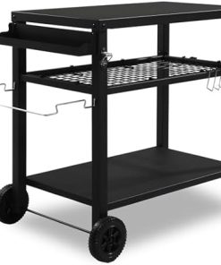 Outdoor Grill Cart – 3-Tier BBQ Trolley Table with Wheels, Storage Shelves & Tool Hooks | Portable Food Prep Station for Patio, Backyard, or Camping – Black