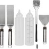 6-Piece Stainless Steel Griddle Tool Set – Flat Top Grill Cooking Accessories with Spatulas, Tongs, Squeeze Bottles, Angled Scraper for Pancakes, Burgers, BBQ, and Grilling Tools