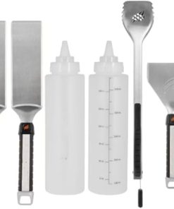 6-Piece Stainless Steel Griddle Tool Set – Flat Top Grill Cooking Accessories with Spatulas, Tongs, Squeeze Bottles, Angled Scraper for Pancakes, Burgers, BBQ, and Grilling Tools