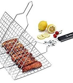 ELEOPTION Non Stick BBQ Grill Set Tool, Easy Handle Stainless Steel Barbecue Grill Accessories Outdoor Indoor with Wire Mesh and Wooden handle (Lockable Grill Basket)