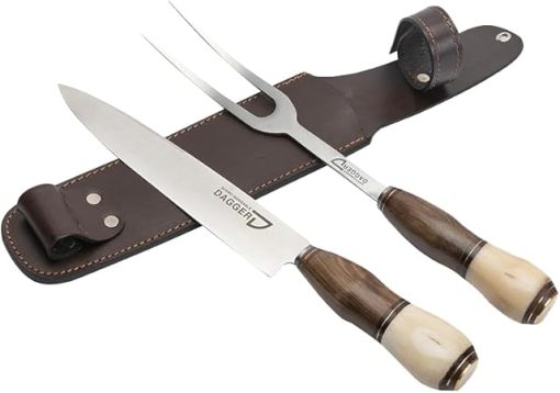 Argentinian Knife and Fork Steak Carving Set for Barbecue | Cow Bone and Wood Handle | Dagger Stainless Steel 420 Blade 7.87"