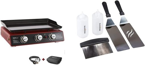 Royal Gourmet PD1301R 24-Inch 3-Burner Portable Table Top Gas Grill Griddle, 25,500 BTUs, Red & Blackstone 1542 Flat top Griddle Professional Grade Accessory Tool Kit (5 Pieces)