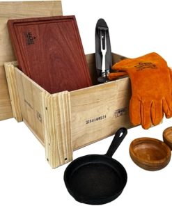 Gift Box for Man Accessories for Grilling Leather Gloves Cast Iron Skillet, Hardwood Cutting Board Handmade Fork and Knife 2 Wooden Bowls - Complete kit for Grilling at Home Unique Gift Father's Day