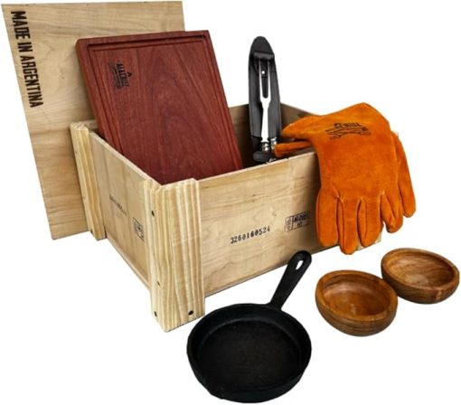 Gift Box for Man Accessories for Grilling Leather Gloves Cast Iron Skillet, Hardwood Cutting Board Handmade Fork and Knife 2 Wooden Bowls - Complete kit for Grilling at Home Unique Gift Father's Day