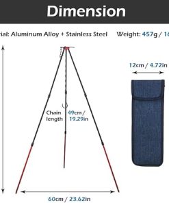 Grill Camping Tripod,Portable Outdoor Cooking Tripod with Adjustable Hang Chain for Campfire Picnic Hanging Pot Stand Aluminum Cookware Accessory with Storage Bag (Red) 2