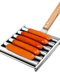 Professional 5-Sausage BBQ Grill Roller with Detachable Wooden Handle, Heat-Resistant Stainless Steel Hot Dog Roster for Outdoor Cooking, Non-Stick Easy-Clean Camping Picnic Accessories