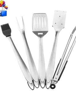 MaGiLL 5 PCS Camping BBQ Grill Accessories Kit Stainless Steel BBQ Tools Grilling Tools Set in Aluminum Case for Father's Day Birthday Presents,Silver