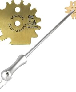 Sage Owl Bristle-Free Brass BBQ Grill Scraper with Handle and Extra Portable Universal Grill Tools for Outdoor Grills – A Heavy Duty Barbecue Accessories for Men