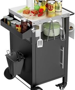 Outdoor Grill Cart with Storage & Spice Rack,Rolling BBQ Table with Tool Hooks, Mobile Bar Cart for Backyard,Deck,Garden (Patio Furniture & Grilling Accessories) (1 Door)