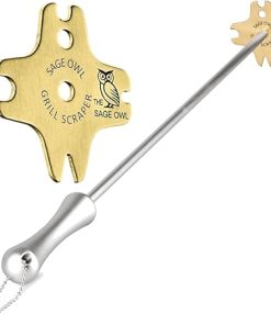 Sage Owl Bristle-Free Brass BBQ Grill Scraper with 17.5’’ Handle - Extra Portable Grill Cleaner Tool Barbecue Grilling Accessories Combo Pack - Gift Ideas for Men
