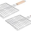 qiuqiu 2pcs Stainless Steel Grill Basket, BBQ Tool with Wooden Handle for Fish, Shrimp Chops