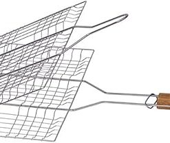 B&C.Room 304 Stainless Steel Grilling Basket Wire Mesh for Fish Steak BBQ Barbecue Accessories with Wood Handle Silver