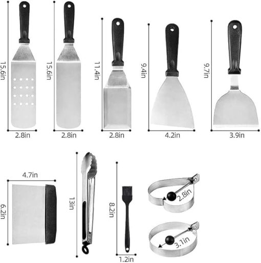 12 Pcs Flat Top Grill Accessories, Griddle Accessories Kit with Griddle Spatula, Scraper, Tongs and Egg Rings, Stainless Steel Griddle Tools Set for Outdoor BBQ and Camping - Image 2