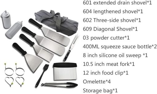 Portable BBQ Tool Set with Storage Bag, Stainless Steel Grill Utensils Kit with Metal Spatulas, Scraper, Egg Rings for Outdoor Cooking - Image 2