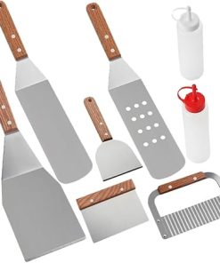 Outdoor BBQ Grill Tools Kit 8pcs Grilling Utensils Set Sturdy Stainless Steel Wooden Handles for Easy Cooking