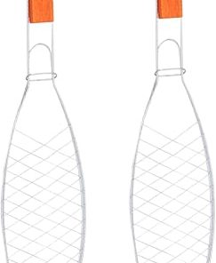 KESYOO 2Pcs Metal Non Stick Grilling Fish Clip with Wooden Handle Bbq Grill Rack for Outdoor Camping Picnics and Barbecues Fish Basket Tool for Easy Cooking