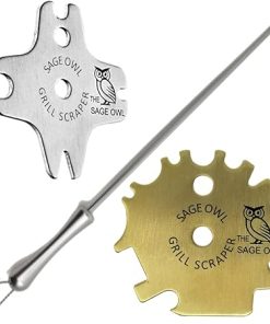 Sage Owl Bristle-Free Stainless Steel BBQ Grill Scraper with Anodized Aluminum Handle - Universal Brass BBQ Cleaning Tools Combo – Barbecue Grilling Accessories, Cooking Stocking Stuffers for Men
