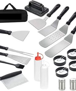 19 Pcs Flat Top Grill Accessories, Griddle Accessories Kit with Griddle Spatula, Scraper and Egg Rings, Stainless Steel Griddle Tools Set for Outdoor BBQ and Camping