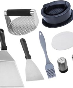 Happyyami BBQ Tool Set Stainless Steel Burger Press Spatula Pastry Brush Basting Brush Griddle Grill Tools Easy to Clean Comfortable Grip
