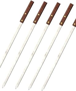 Mikikit 5Pcs Flat Meat Skewers with Wooden Handle Durable Stainless Steel Sticks for Family Gatherings Outdoor Parties and Grilling Rustproof Barbecue Tools