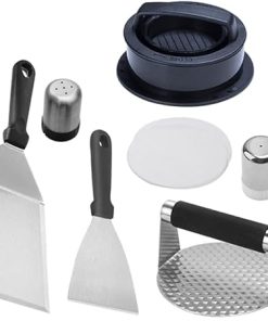 1 Set Heavy Duty Stainless Steel Cooking Tool with Burger Press Spatula Brush Oil Complete BBQ Accessories for Outdoor Grilling Camping Kitchen Use