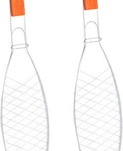 Barbecue Tool for Camping 2 Pcs Bbq Net Clamp Wooden Handle Grilled Fish Barbecue Clip Grill Handle for Outdoor Cooking