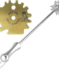 Sage Owl Stainless Steel BBQ Grill Scraper with 17.5’’ Handle Combo - Extra Portable Universal Brass Barbecue Cleaner, Grill Tools for Outdoor Grills and Porcelain Grates - Gifts for Dad