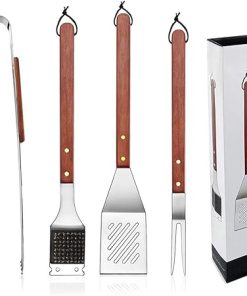Heavy Duty BBQ Accessories Stainless Steel Tool Set with Wood Handle 4pc Grill Accessories with Fork Shovel Scraper & BBQ Tongs
