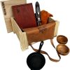 Gift Box for Men Grilling Accessories Leather Gloves Leather Gloves Cast Iron Frying pan, Hardwood Cutting Board Handmade Fork and Knife 2 Wooden Bowls Leather Apron - Complete Home Grill kit Gift