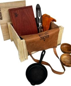Gift Box for Men Grilling Accessories Leather Gloves Leather Gloves Cast Iron Frying pan, Hardwood Cutting Board Handmade Fork and Knife 2 Wooden Bowls Leather Apron - Complete Home Grill kit Gift