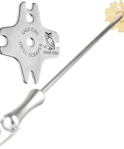 Sage Owl Bristle-Free Brass BBQ Grill Scraper with Handle Combo - Safe Stainless Steel Grill Cleaner for Outdoor Grills and Porcelain Grates - Barbecue Smoker Accessories Gift Ideas for Men