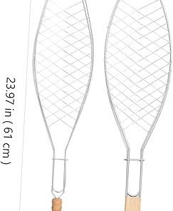 SUPVOX 2Pcs Fish Grill Basket with Wooden Handle Durable Barbecue Tool for Outdoor Grilling Wire Frame Net Clips for Fish Thick Foods Easy to Clean and Use present for Bbq 2