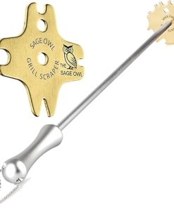 Sage Owl Bristle-Free Brass BBQ Scraper with 17.5’’ Handle Combo – Grill Cleaning Tool for Barbecues – Essential Grill Accessories and Unique Kitchen Gadgets – Dad Gifts from Wife