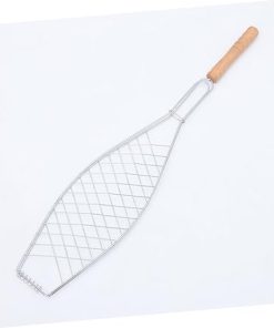 MERRYHAPY Outdoor Barbecue Tool 4 Pcs Metal Fish Grill Clip Wooden Handle Non-stick Mesh Clip Bbq Basket for Whole Fish 2