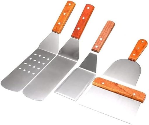 5-Piece BBQ Grill Spatula Set, Stainless Steel Flat Griddle Tools with Scraper, Long/Short Spatulas for Outdoor BBQ, Camping, Cooking