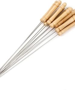 Bbq Sticks 50PCS Round Stainless Steel Wooden Handle BBQ Skewers Reusable Non-Magnetic Barbecue Round Stick Outdoor Camping Picnic BBQ Tool (Color : Silver Size : 50pcs) (Silver 50pcs)