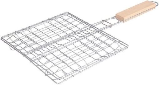 Stainless Steel BBQ Basket Tray, Portable Grilled Meat, Fish Mesh BBQ Clip with Wood Handle, Outdoor Barbecue Grilling Tools