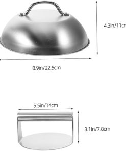 IMIKEYA 1set Burger Smasher for Griddle Cheese Melting Dome Bacon Press for Griddle Silver Stainless Steel Basting Cover for Griddle 2