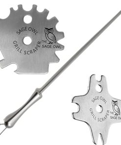 Sage Owl Bristle-Free Stainless Steel BBQ Grill Scraper for Outdoor Grills Combined with Handle – Barbecue Grill Cleaning Tools – Cooking Stocking Stuffers for Dad and Husband