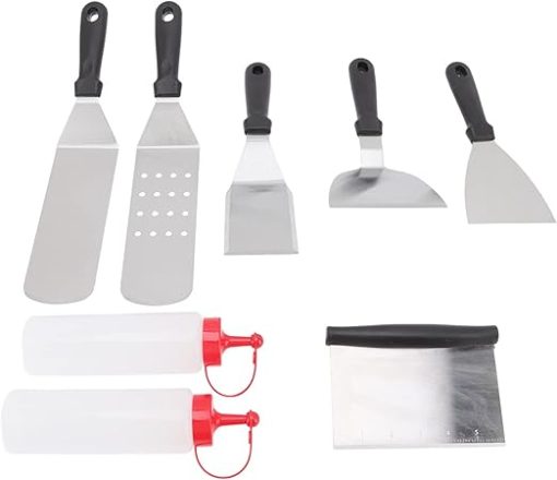 8PCS Griddle Accessories Tool Kit, Stainless Steel Metal Spatula Griddle Accessories Set with Ergonomic Handle, Professional Spatula Set for Outdoor Camping Flat Top Griddle Grill