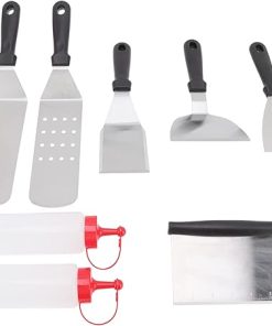 Stainless Steel Metal Spatula Set Griddle Spatula 6Pcs Sturdy Handle Camping Spatula Set with Squeeze Bottles Griddle Accessories