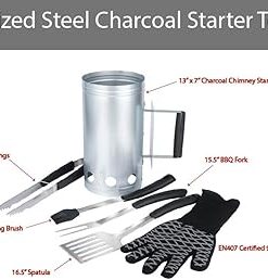 Aluminized Steel Charcoal Chimney 6pc Value Set with Spatula, Basting Brush, BBQ Fork, Tongs and EN407 Certified 932F Heat Resistant Glove 2