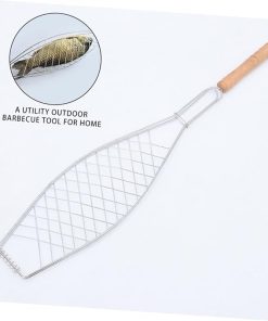 HANABASS 2Pcs Net Rack Fish Barbecue Clip Outdoor Iron Grill Basket with Wooden Handle for Fish Meat and Breads Durable Wire Frame Bbq Accessories Thick Thin 2