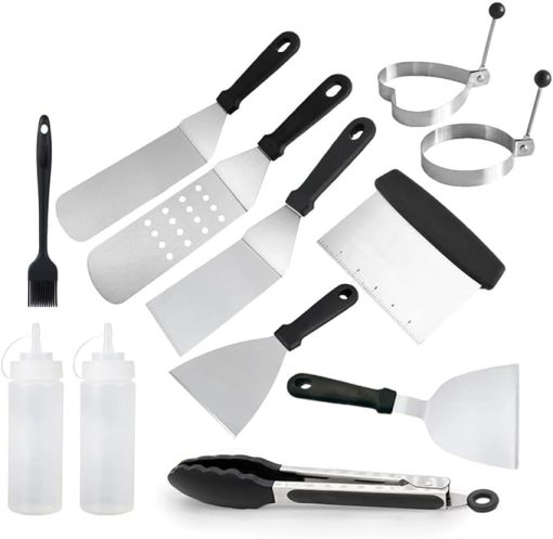 12 Pcs Flat Top Grill Accessories, Griddle Accessories Kit with Griddle Spatula, Scraper, Tongs and Egg Rings, Stainless Steel Griddle Tools Set for Outdoor BBQ and Camping