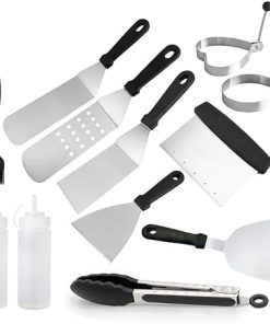 12 Pcs Flat Top Grill Accessories, Griddle Accessories Kit with Griddle Spatula, Scraper, Tongs and Egg Rings, Stainless Steel Griddle Tools Set for Outdoor BBQ and Camping